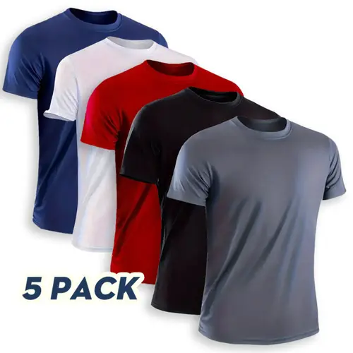 OKP Men's 5-Pack Crewneck Casual Short-Sleeve T-Shirts - Sporty Chic, Quick-Drying, Breathable, Moisture-Wicking Top, Solid Colors, Fitted Cut, 4-Season Athleisure Activewear for School, Fitness