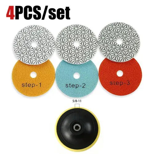 LOZLIN 4PCS Polishing Wheels Set, 4" Diamond Pads Polishes Wet-Use 3-Step Grinding Kit for Marble, Quartz & Granite, Water Grinding Power Tool Accessory