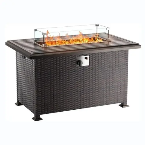 [2 packages delivery] Kullavik Outdoor Propane Gas Fire Pit Table 43'', 55,000 BTU with Rectangular Tabletop, Auto-Ignition, Adjustable Flame,Glass Wind Guard,Brown PE Rattan & ETL
