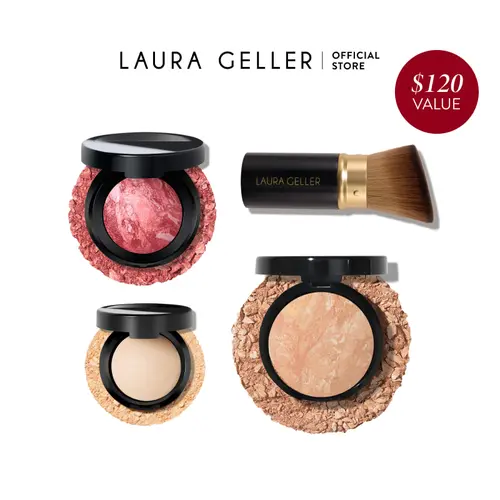 Laura Geller Daily Routine Natural Finish Full Face Kit 4 PC Baked Balance-n-Brighten Foundation, Blush, Highlighter, Kabuki Brush, + FREE Makeup Bag - Makeup Tools, Makeup Over 40