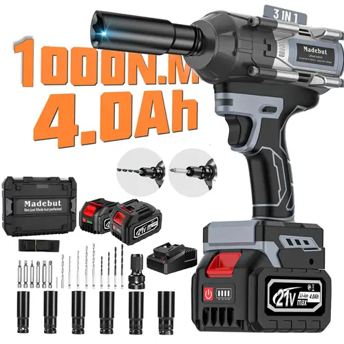 1000N·m 3-in-1 Brushless Cordless Impact Wrench, Full Metal Impact Gun with 2×4.0Ah Batteries & 5 Sockets, Drill & Screwdriver Tool Kit for Cars, Trucks & DIY