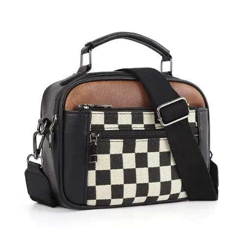 Checkerboard Pattern Colorblock Crossbody Bag, Fashionable Patterned Bag, Fashion PU Leather Waterproof Zipper Shoulder Bag for Women, Casual Trendy Versatile High-quality Daily Commuting Bag, Mothers Day Gift Ideas, Versatile Shoulder Bags
