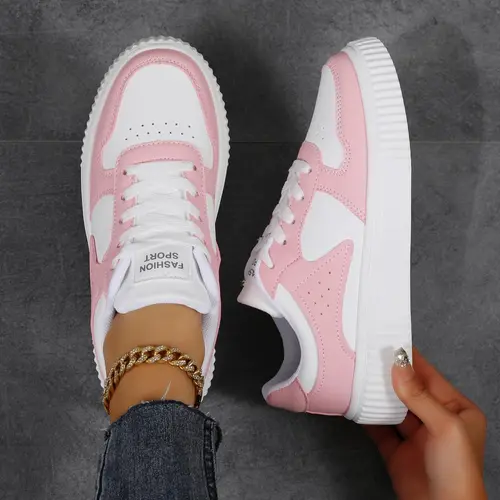 Women's Patchwork Lace Up Skate Shoes Sneaker, Casual Breathable Comfortable Sports Shoes, Female All-match Round Toe Shoes for Daily Wear