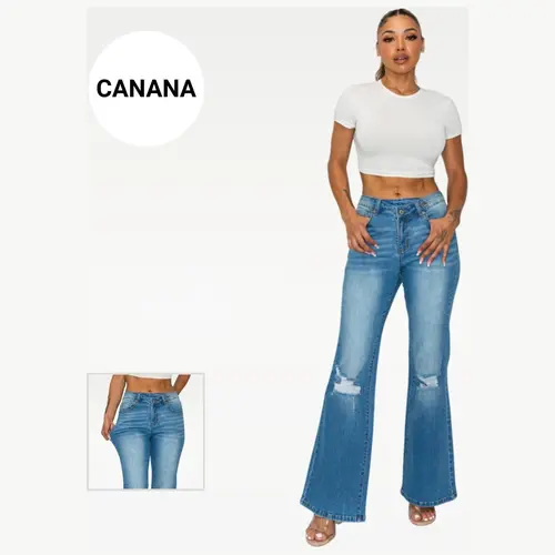 Valerie CANANA Stretchy High Rise Crossover Tapered Ripped Bootcut Jeans for Women SH25F15 Womenswear Comfortable Denim Bell Bottom Outfit Flare Leg Regular Size Plus Size