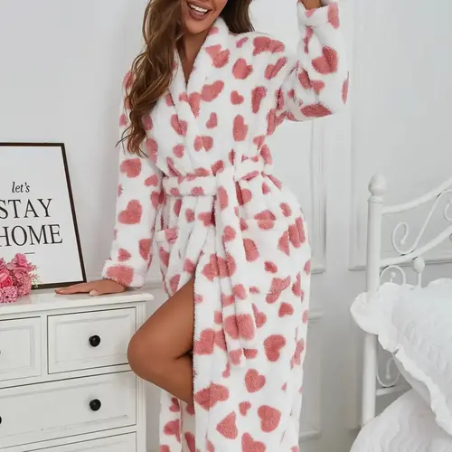 Women's Heart Print Belted Pocket Lounge Bathrobe with Belt, Casual Long Sleeve V Neck Warm Robe, Ladies Sleepwear for Fall & Winter, Loungewear, Night Gown, Womenswear, Homewear