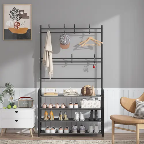 UDEAR Entryway Coat Rack,3-in-1 Multifunctional Storage Shelf with 4-Tier Shoe Bench and 8 Hooks,for Entrance Foyer Bedroom,Home Organizer Organiser Standing Coat Rack