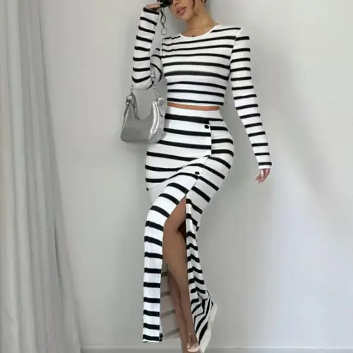 Women's Striped Print Crop Top & Split Thigh Button Skirt Two-piece Set, Striped Sets, Casual Long Sleeve Round Neck Top & High Waist Skirt for Daily Wear, Ladies Clothes for All Seasons, Fall outfit, Casual Outfits Women