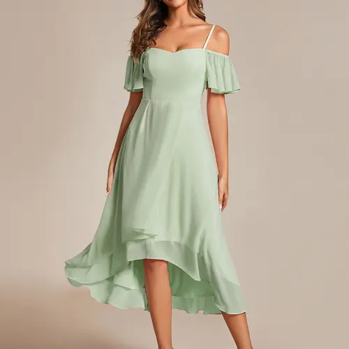 Ever-Pretty Women's Off-Shoulder Ruffle Chiffon A-Line Midi Dress 02103 - Chic, Elegant, Basic, Spaghetti Strap, Short-Sleeve, High-Low Hem for Party & Wedding Guest, Shortsleeve, Minimalist, Chiffon Bridesmaid Dress, Wedding Guest Dresses, Formal Dresses