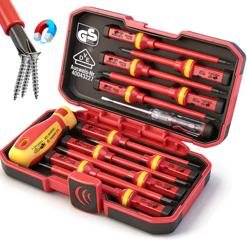 SEDY 1000V Insulated Electrician Screwdriver Set - VDE & GS Certified CRV Steel Magnetic Set with Replaceable Torx+PH+Poz+Slotted Bits, 1 Electroprobe, Insulated Handle for Safety (Covers Slotted, Pozi, Torx, and More)