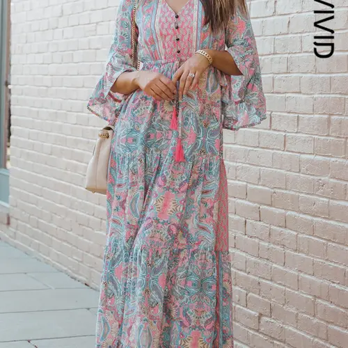 Women's All Over Paisley Print Button Front Ruffle Hem A Line Dress, Boho Fashion Drawstring V Neck Long Sleeve Dress for Daily Holiday Vacation Wear, Women Dress for Fall & Winter,  Wedding Guest Dresses