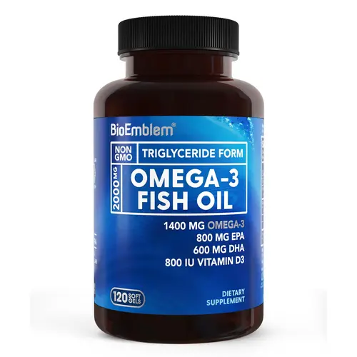 BioEmblem Omega-3 Fish Oil 2000mg - Triple Strength Triglyceride Form, 1400mg Omega-3 with 800mg EPA & 600mg DHA + 800 IU Vitamin D3, Non-GMO, Gluten-Free, 120 Softgels - Heart, Joint, & Brain Health Supplement