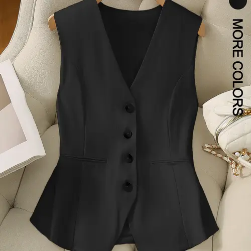 Women's Solid Button Front V Neck Vest Blazer Fit, Casual Sleeveless Vest Jacket for Spring & Fall, Ladies Clothes for Daily Wear, Aesthetic