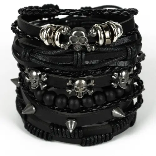 Punk Style Skull & Rivet Design Bangle Bracelet, Goth Braided & Beaded Bracelet for Both Men & Women, Trendy All-match & Exquisite Jewelry for Birthday Gift, Halloween, Gothic Witch Jewelry, Trendy Stackable Beaded Bracelet Sets, Bracelets Stack