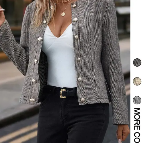 Women's Striped Print Woven Button Front Blazers, Trendy Blazer, Casual Long Sleeve Outerwear for Spring & Fall, Ladies Clothes for Work Office Business, Blazer Jackets