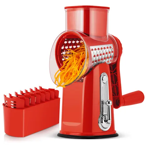 SUSTEAS Rotary Cheese Shredder with Handle - 5 Blades, Strong Suction Cup Base, 1 Blade Storage Box, Smooth Fruit Vegetable Slicer Dicer, Potato Spiral Grater, Durable Red Kitchen Utensil, Kitchen Gadgets