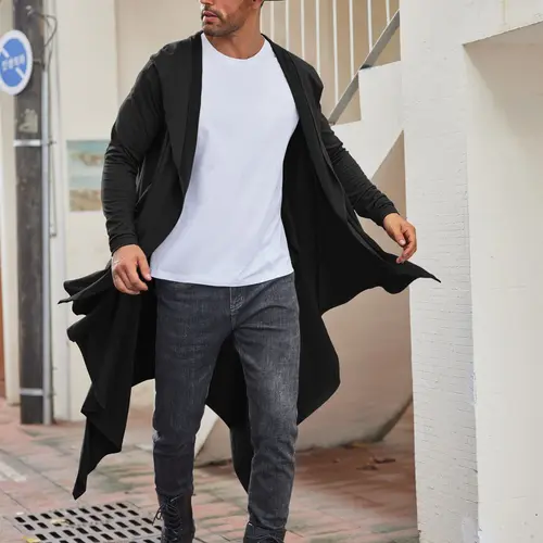 COOFANDY Fall Outfits Men's Black Long Hooded Cardigan Ruffle Shawl Collar Open Front Lightweight Drape Cape with Side Pockets Casual Elastic Workwear 3/4 Length
