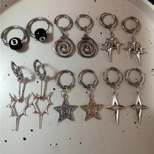 Punk Style Star & Heart Design Dangle Earrings, Earrings Stack, Hoop Earring Sets, Statement Hoops Earrings, Fashion Jewelry for Party, Everyday Accessory, Jewelry for Birthday Gift, Earring Stacks, Hoop Shape Earrings