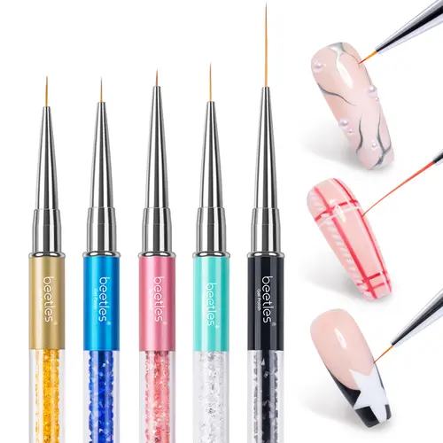 Beetles Gel Polish Nail Art Tools Liner Brushes 5Pcs Painting Art Design Pen Set Diamond Application Rhinestone Handle Dotting Drawing Sizes 5 7 9 11 20mm Nail Art Design Gift Nail Art Brush for Women