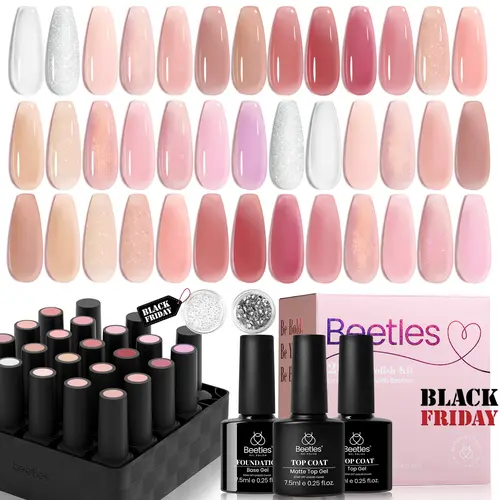 Beetles 20-Color Assorted Colored Gel Nail Polish Set, Translucent Pink Nude Neutral Jelly Sheer Glitter White with Nail Charms, Pearl Accents, Base Gel, Glossy-Matte Top Coat, Soak-Off UV Kit for Women’s DIY Manicure Gift