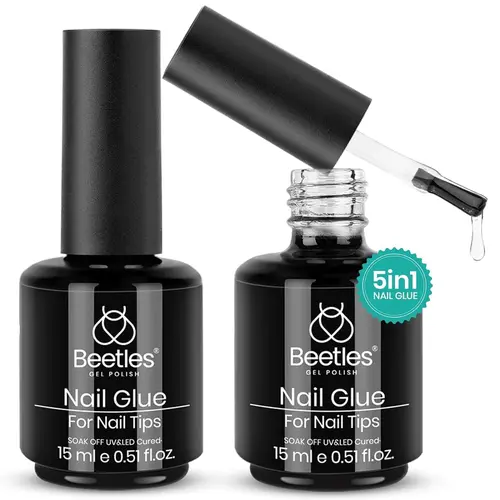 Beetles 5-in-1 Gel Polish Kit with Rhinestone Nail Art Base Coat, 2 Pcs 15ml Super Strong Brush-in UV Nail Glue for False Tips, Manicure Care (LED Lamp Required)