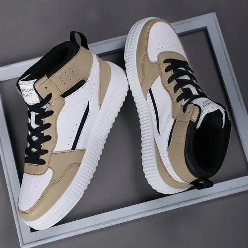 Men's Colorblock Lace Up High Top Sneakers, Casual Sporty Breathable Comfortable Running Shoes, Male All-match Round Toe Sports Shoes for Daily Wear, Casual Running Footwear