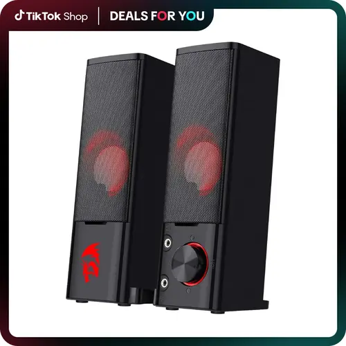 Redragon GS550 Bass Boosted 2.0 Channel Wired Stereo Computer Speakers - USB Powered Tabletop Sound System, Red Backlit, 3.5mm Cable, Volume Knob, Compact for PC/Smartphone Desk Accessories