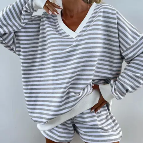 Women's Casual Fashion Striped Print Drop Shoulder Baggy Long Sleeve Tee & Elastic Waist Shorts Two-piece Set, Loose Fit Set, Cozy Breathable Soft Fabric Two Piece Outfits for Daily & Outdoor Wear, Women's Clothes for Spring #GLOBAL PICKS