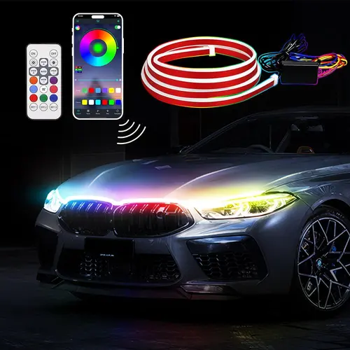 APP-Controlled RGB Dynamic LED Car Hood Light Strip, 1 Count Dynamic Scan Start Up Light Strip with Instruction & Remote Controller, Waterproof Flexible Car Lights, LED Car Ambient Light, Car Decorative Light, Led For Car