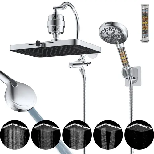Hibbent Upgraded 5-spray 13'' Dual Filtered Rainfall Shower Head Combo, High Pressure 10-setting Handheld Shower Head with 12'' Adjustable Extension Arm, 20 Stage Shower Filter, 71'' Hose,,home essentials