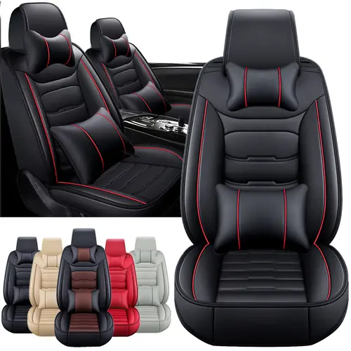 Arespark 5 Seats Full Set Car Seat Covers, Luxury Waterproof Nappa Leather Cushion Protectors, 40/60 Split Front and Rear Bench Seat, Full Surround Car interior Cushions, Universal Fit for Cars Sedans SUVs - (Black/Red Line) #fathersdaygift