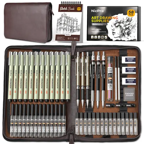 Nicpro 58-Pack Art Set in Leather Case - Compact Metal Pencils (0.5/0.7/0.9/2mm, 6pcs), Assorted Lead Refills, 12 Micron Pens, Sketchbook, Erasers for Artists' Drafting, Sketching Set, Drafting Tools,back to school,back to school shopping