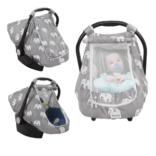 Primlect Baby Car Seat Cover - Soft Breathable Windproof Waterproof Portable Foldable Car Accessory with Large Mesh Peekaboo Window, Stretchy Kick-Proof Infant Canopy, Elastic Band Attachment for Newborns, Travel Use