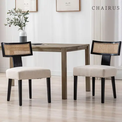 CHAIRUS Armless Legged Rattan Dining Chairs Set of 2, Mid-Century Retro Classic Dining Room Furniture, Beige Linen Upholstered with Curved Airy Rattan Back & Wood Legs, 20.5" Wide Seat, Spring Base Cushions Every Sit-Down