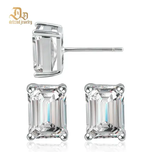 Delzzad Step Cut Stud Earrings Synthetic Moissanite Earrings S925 Christmas Gift for Men Women