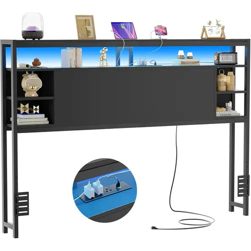 Cyclysio Queen & Full Size Sturdy Wooden Bedroom Home Headboard for Bed, Furniture-Style Design with LED Lights, Built-In Power Outlets, Charging Station, Hidden Storage to Free Up Bedroom Space, Quick Easy Installation