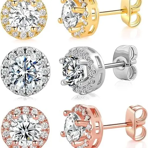 GEMESME Stud Earring Pack, 3-Pair 3-Color 6mm Round Cut Artificial Zirconia Earrings Jewelry, Minimal Halo CZ Dainty Bling Effect Accessory for Women, Cz Dainty Earrings