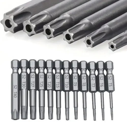 Magnetic Torx Head Screwdriver Bit Set, S2 Steel Long Drill Bits with 1/4 Inch Hex Shank and Security Torx Bits, Replaceable Screwdriver Bits, Metal Bits