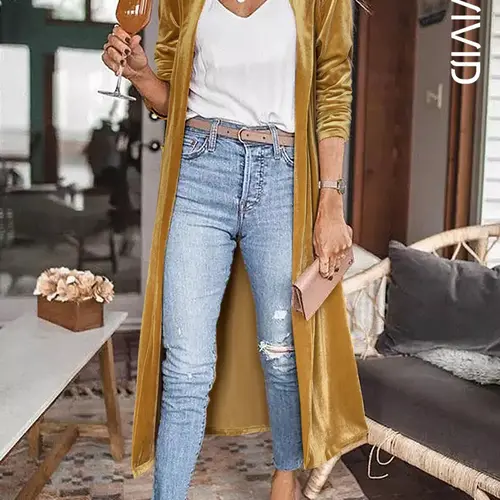 Women's Solid Pocket Shawl Collar Velvet Longline Coat, Chic Casual Long Sleeve Open Front Outerwear for Spring & Fall, Ladies Clothes for Daily Wear