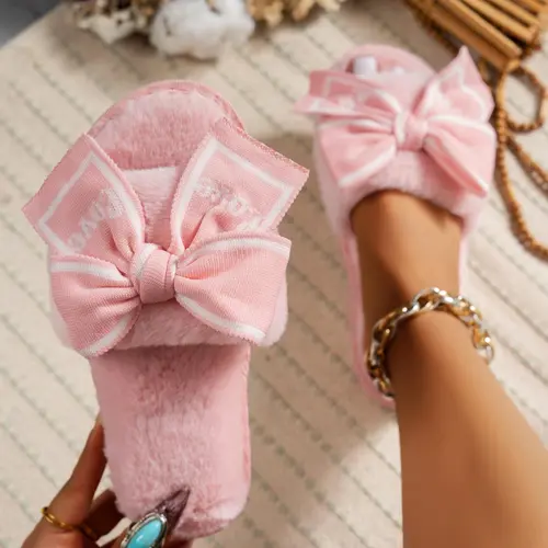 Women's Plush Anti-Slip Home Slippers, Bowknot Cherry Decorations, Textile Upper, All Seasons Comfortable Shoes