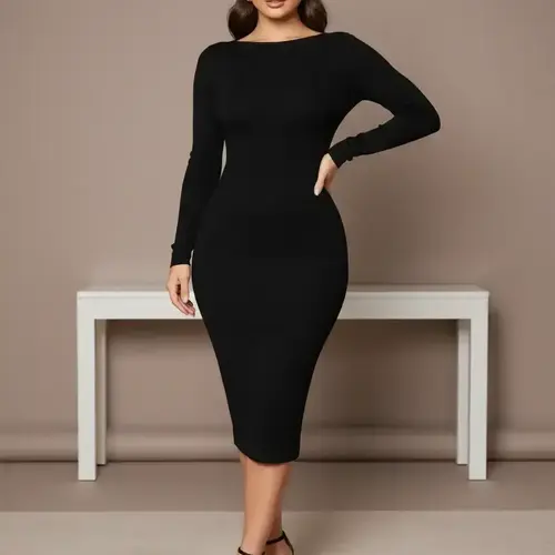 Women's Solid Backless Bodycon Knit Dress, Fashion Long Sleeve Boat Neck Long Dress for Party Club Dating Wear, Women Dress for Fall Fit, Womenswear