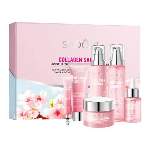 Sakura Collagen 6-Piece Daily Facial Skincare Set for Women - Cleanser, Moisturizer, Lotion, Firming Cream, Serum, Eye Care, Brightening, Hydrating, Revitalizing, Deep Repair, Targets Dryness, Ideal for Delicate Skin, Gift Option