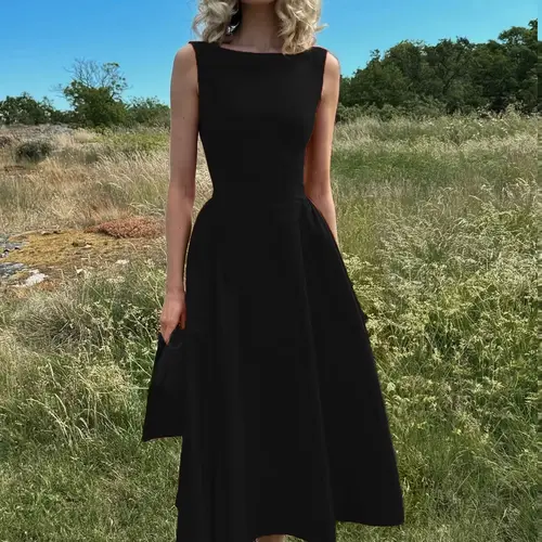 Women's Plain Backless Boat Neck A-Line Dress, Elegant Evening Formal Wear Sleeveless Long Dress with Zipper Back, Perfect for Parties, Holidays and Wedding Guests, Summer Dress for Women
