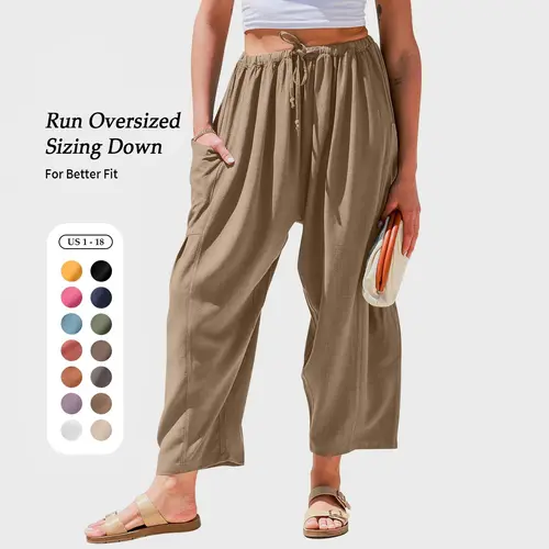TARSE Womens Linen Blend Wide Leg Pants Casual Loose Fit Palazzo Harem Pants with Pockets Summer Beach Elastic Lightweight Drawstring Bottom