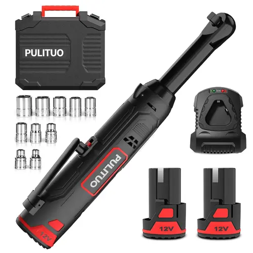 PULITUO Heavy Duty 3/8'' Extended Cordless Electric Ratchet Wrench, 50N.m (36 Ft-lbs) Torque, 2.0Ah Battery, 10 Sockets, 1-Hour Fast Charger, Compact Power Tool