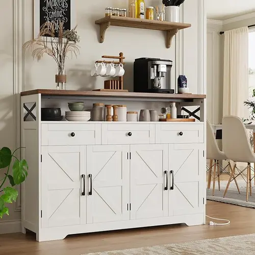 [SohoChic] Vabches Farmhouse Buffet & Sideboard Cupboard Furniture - White Pantry Cabinet with Multiple Drawers, Wood Hutch, Coffee Bar Station for Kitchen, Living Room,dorm essentials,home decor