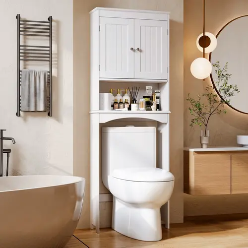 Gizoon Over the Toilet Storage Cabinet with Adjustable Shelf, White Bathroom Space Saver Organizer Above Toilet with Open Shelf and Double Doors, Taller Wooden Free Standing Toilet Rack