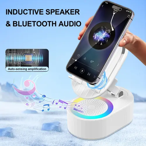 AKLLCCR 5-in-1 USB Smartphone Mount - Induction Charger, Bluetooth Speaker, LED Luminous Ambient Light, Power Bank, 5.3 HD Surround Subwoofer, 300° Rotatable Foldable Lift, Non-Slip Base (Speaker and Charger Stand Phone Holders & Mounts)
