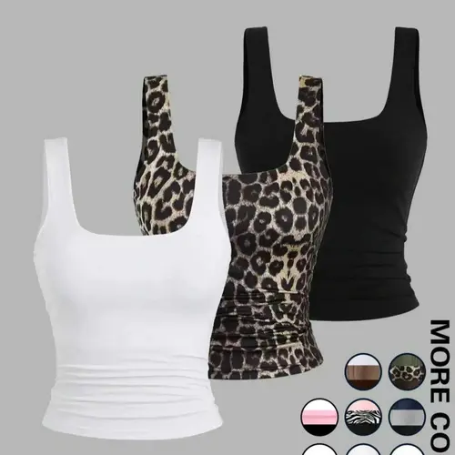 Women's Solid / Leopard Print Square Neck Knit Basic Fit Tank Top, Casual Sleeveless Top for Daily Wear, Ladies Clothes for All Seasons, Plain Tank Top