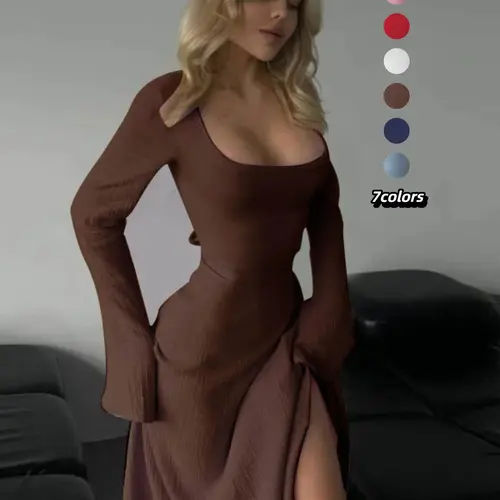 Women's Plain Lace Up Flounce Sleeve Midi Length Dress, Elegant Chic Aesthetic Square Neck Long Sleeve A Line Dress for Spring & Fall, Women's Clothing for Daily Wear, casual wear, Everyday, Womenswear, Basic, Lady, Fit