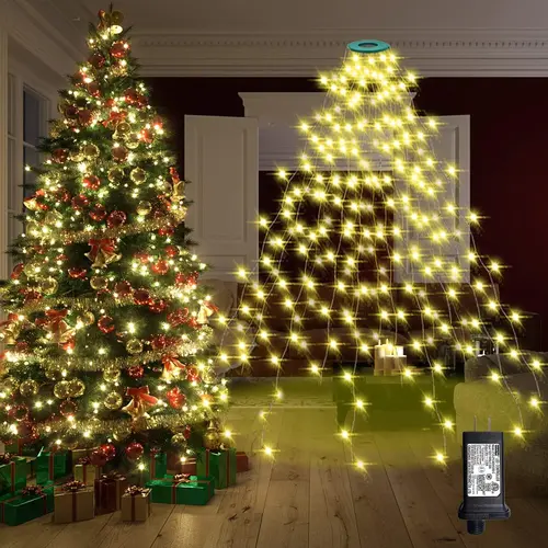 Warm-Toned Round Ring LED Fairy String Lights Set, 8.2Ft 16-Line 448 LED Plug-In Waterproof Lights, 8 Lighting Modes, for Xmas Tree Wedding Centerpiece Valentines Day Indoor Outdoor Mood Decor